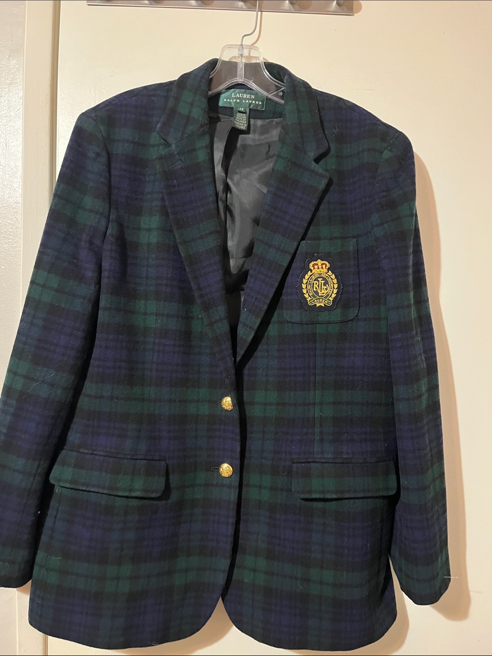 Polo Ralph Lauren Women's Plaid Bullion Crest Blazer Navy/Green Size 14 Cashmere
